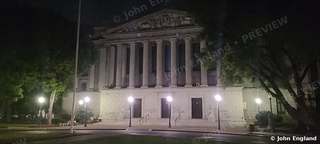 Capitol Portico at Night – California State Capitol portico at night, Sacramento, CA, Aug 27, 2020.