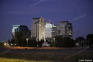 Sacramento Skyline at Blue Hour, Summer – Downtown Sacramento skyline at blue hour, Sacramento, CA. July 2021. John England.