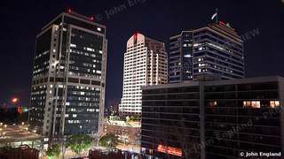 Sacramento Towers at Night – Downtown Sacramento office towers lit at night, Sacramento, CA. Feb 2021. John England.